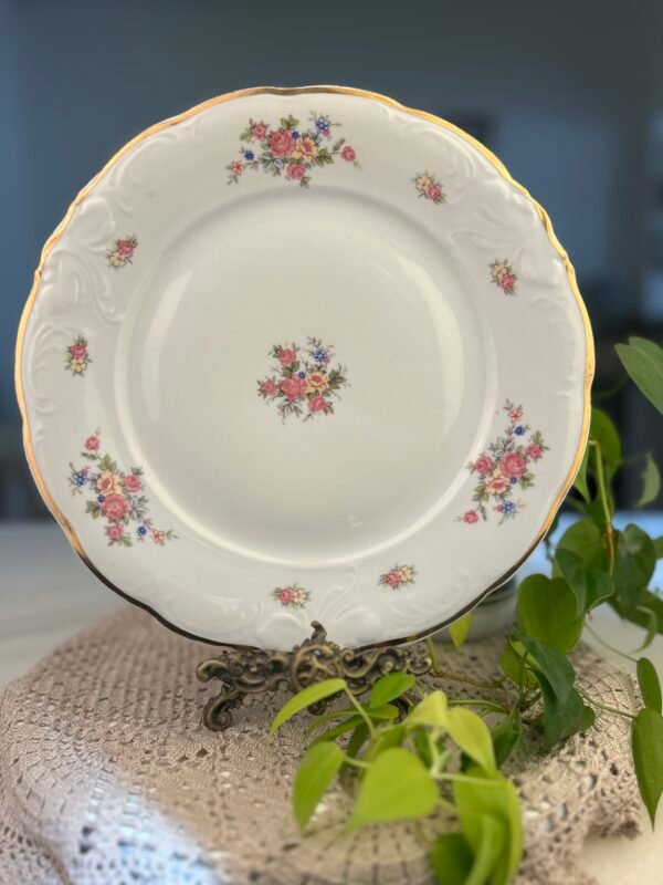 Prato fundo floral vintage Made in Poland com borda dourada - Imagem 1