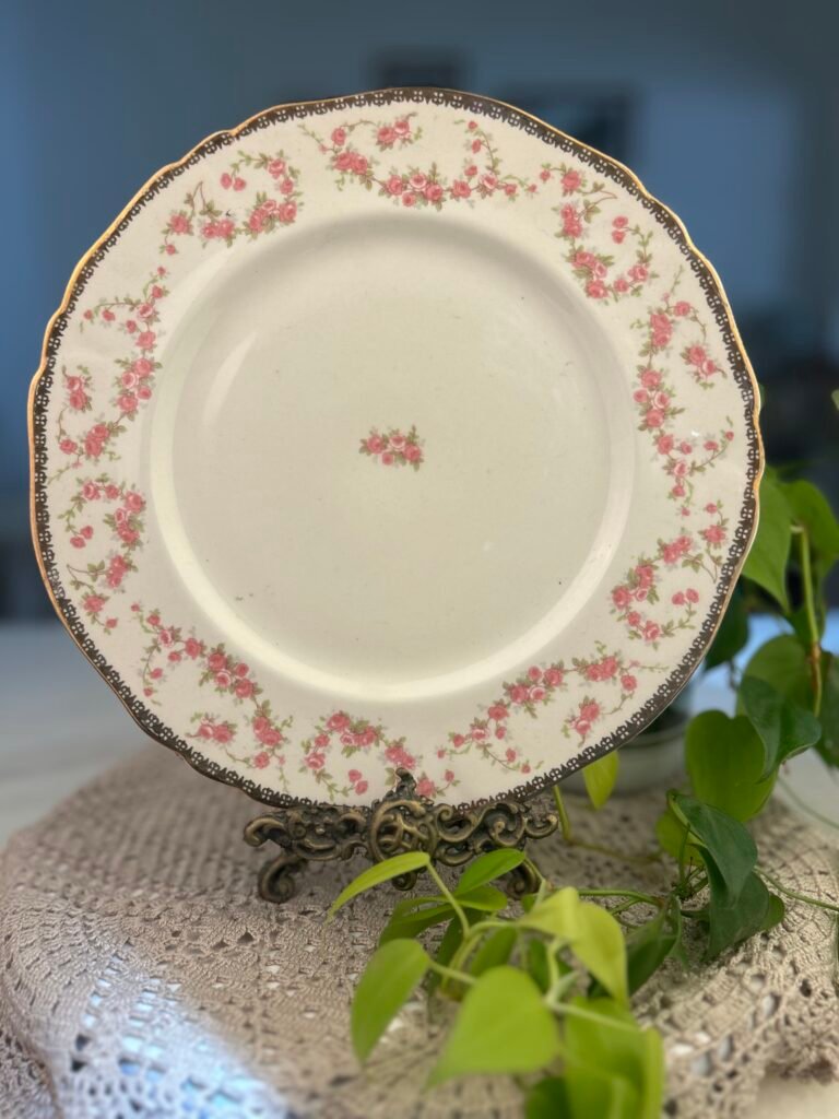 Prato raso Alfred Meakin Harmony Rose inglês com ouro 18K