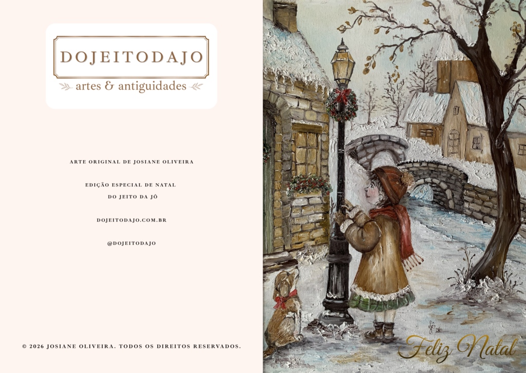Cartão de Natal Artístico – Menina na Vila Nevada | Arte de Josiane Oliveira
