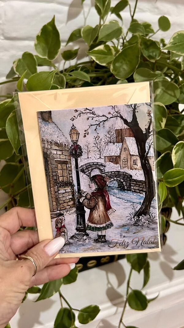 Cartão de Natal Artístico – Menina na Vila Nevada | Arte de Josiane Oliveira - Imagem 1