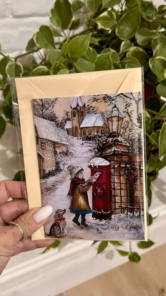 Cartão de Natal Artístico – Menina no Correio | Arte de Josiane Oliveira
