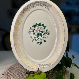 Travessa vintage oval Dogwood 22 KT Gold com flores brancas e detalhes dourados