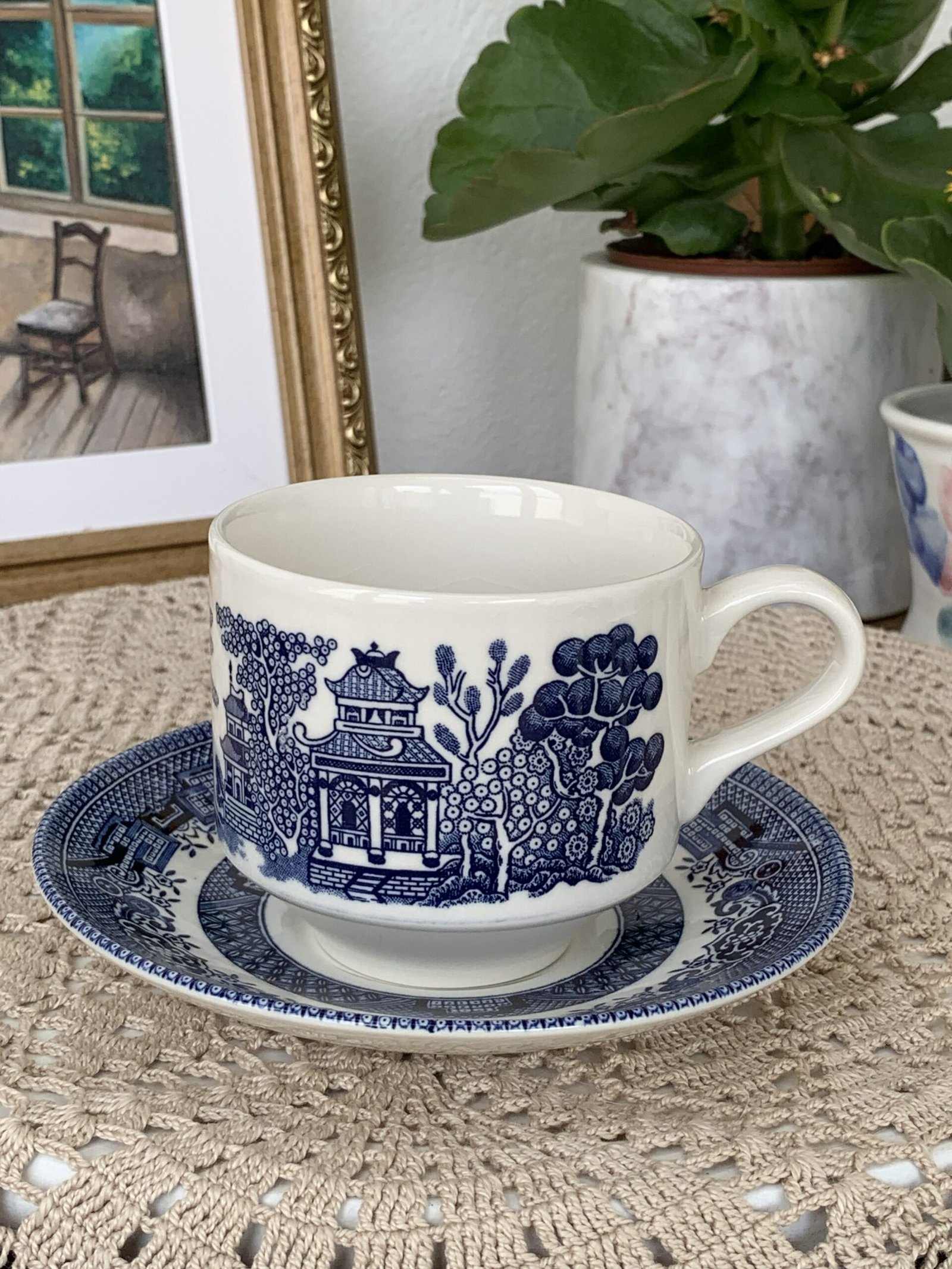 Pires Inglês Azul e Branco com Flores e Pássaros - Imagem 1